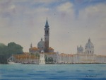 cityscape, landscape, seascape, europe, venice, italy, marina, boat, sailboat, church, tower, campanile, oberst, original watercolor painting